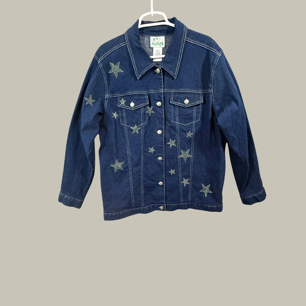 Quacker Factory Womens Blue Denim Rhinestone Star Trucker Jacket Large